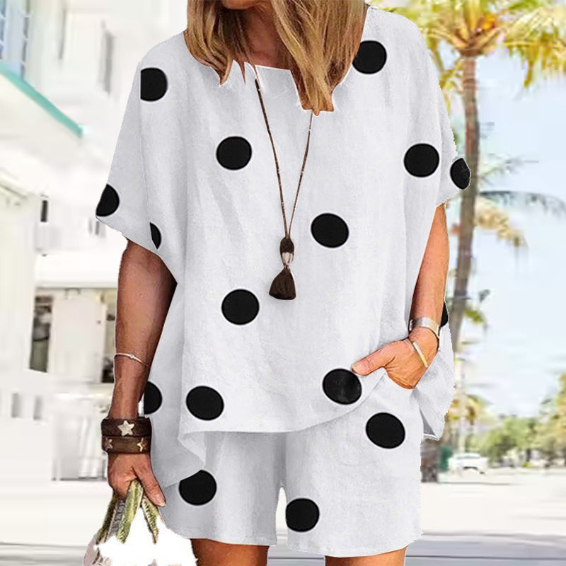 Dot Print Half Sleeve Elastic Waist Suit For Women