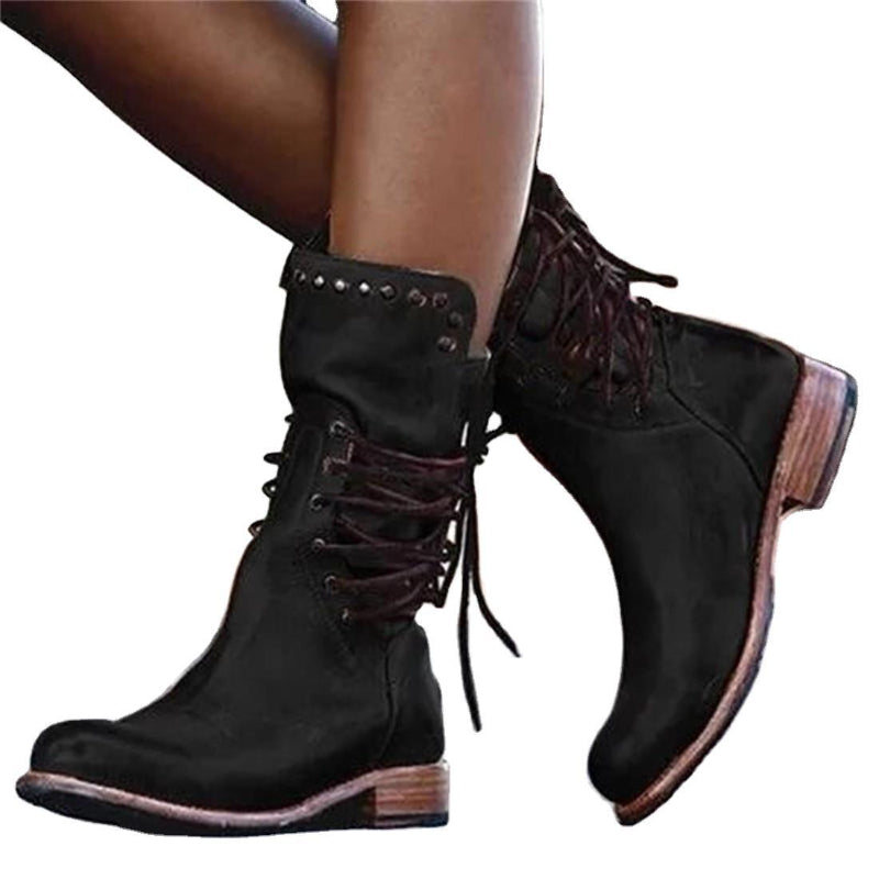 Solid back lace up thick heel riding boots